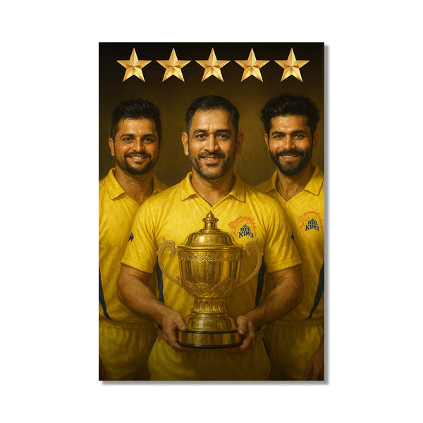 Golden champions with this IPL poster featuring Dhoni, Raina, and Jadeja | Proudly holding the cup