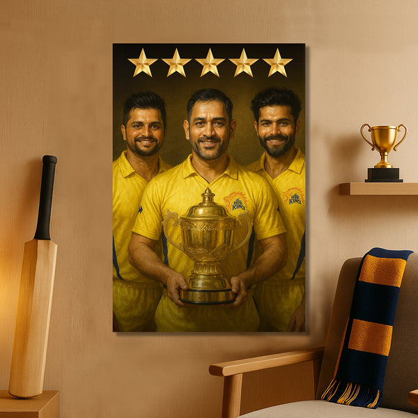 Golden champions with this IPL poster featuring Dhoni, Raina, and Jadeja | Proudly holding the cup