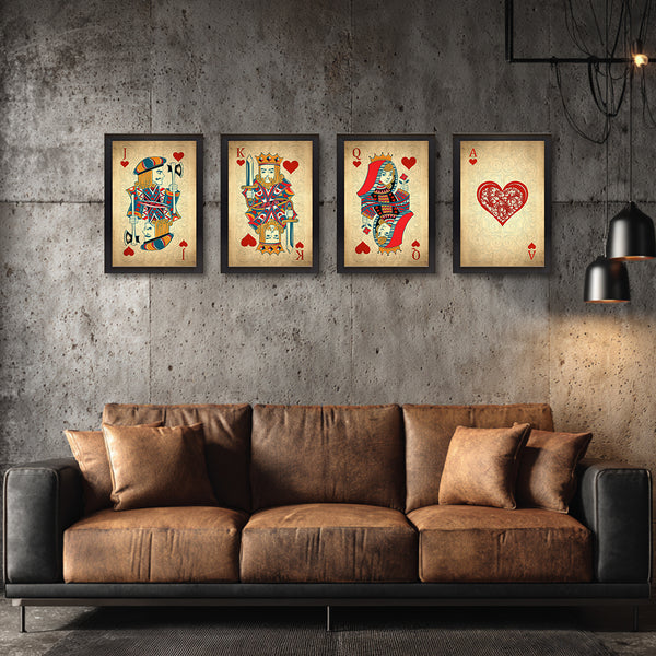 Vintage Playing Cards Set of 4 Painting | King, Queen, Jack & Ace of Hearts Quadro Canvas for Game Room | Gambling Poker Cards Wall Art for Living Room Décor