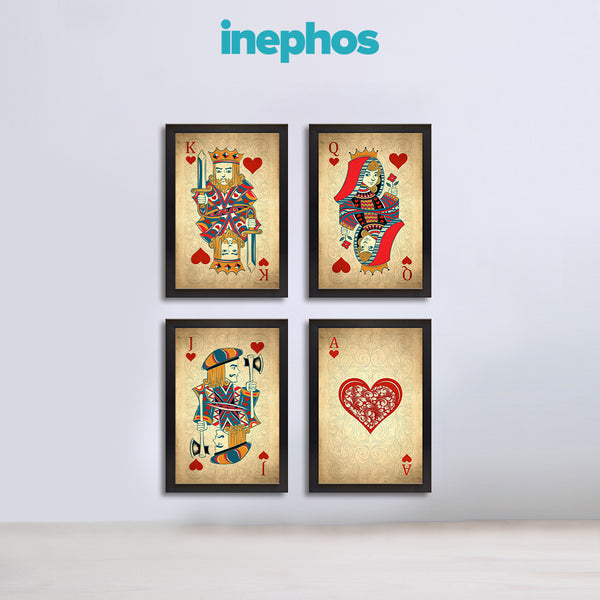 Vintage Playing Cards Set of 4 Painting | King, Queen, Jack & Ace of Hearts Quadro Canvas for Game Room | Gambling Poker Cards Wall Art for Living Room Décor