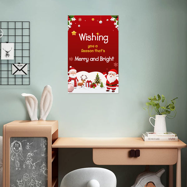 Wishing You a Merry and Bright Christmas Poster | Cute Santa & Reindeer Holiday Wall Art | Festive Red Xmas Decoration for Home, Kids Room, School & Party Celebration