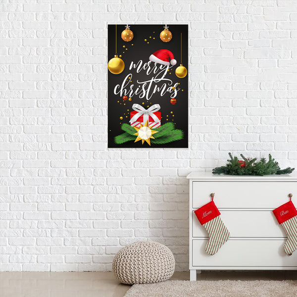 Elegant Black & Gold Festive Wall Art with Santa Hat, Gift Box & Ornaments | Holiday Decoration for Home, Office, School, Shop & Christmas Gifting
