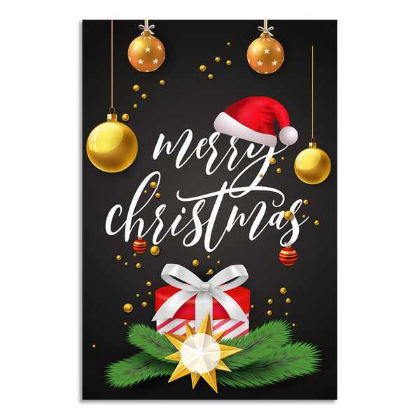Elegant Black & Gold Festive Wall Art with Santa Hat, Gift Box & Ornaments | Holiday Decoration for Home, Office, School, Shop & Christmas Gifting