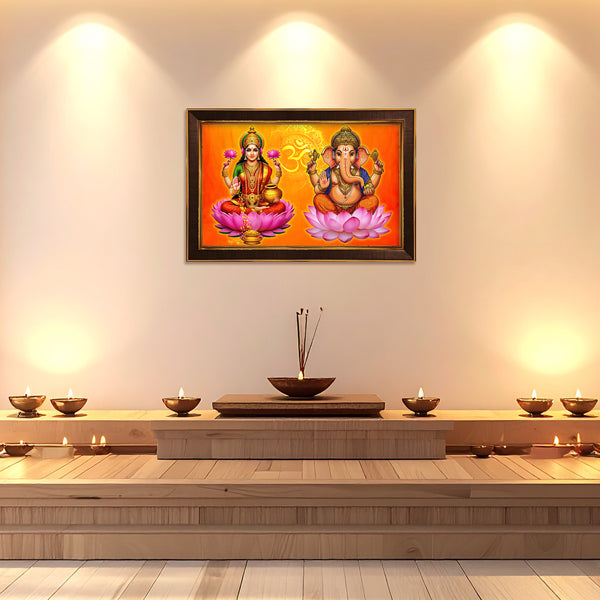 Lakshmi Ganesh Framed Poster with Om Symbol | Laxmi Ganpati Wall Art for Wealth, Prosperity & Positive Energy
