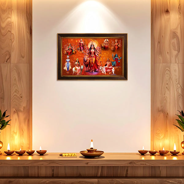 Nav Durga Framed Poster | Maa Durga 9 Forms Wall Art for Protection, Power & Positive Energy | Spiritual Vastu Wall Décor