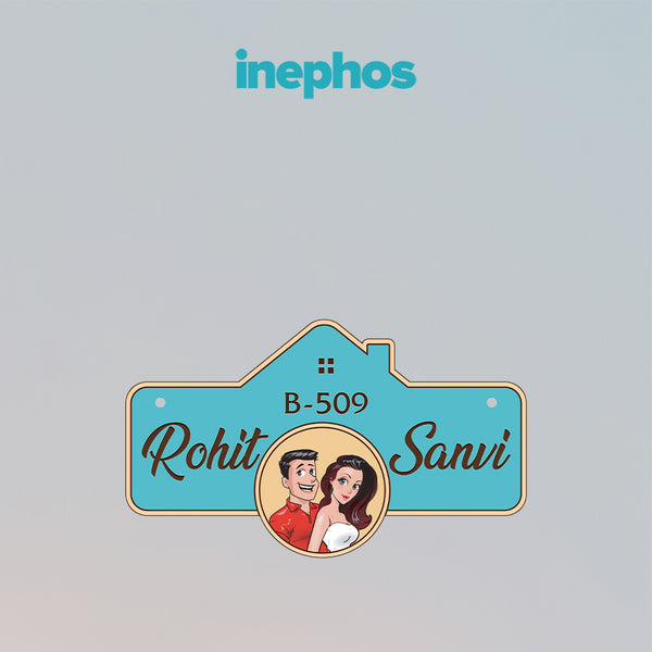 Couple’s House Name Plate With Cartoon Portrait | Personalized Wedding Gift Or Door Plate For Flats