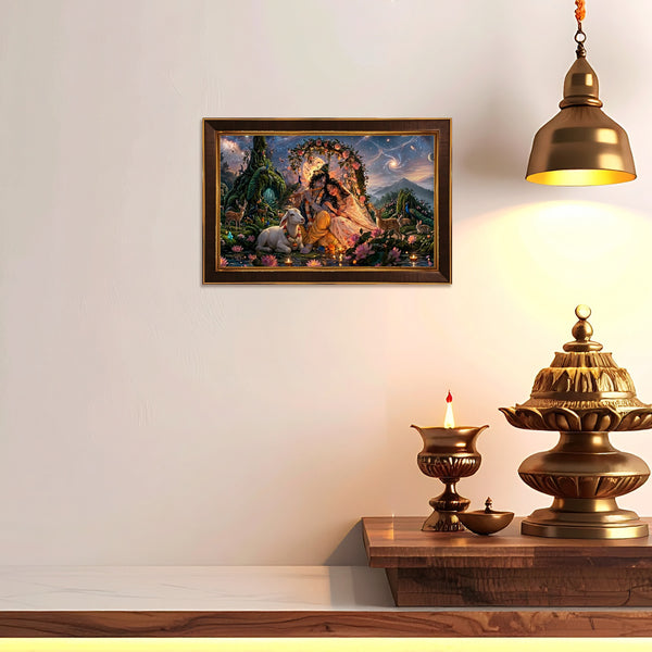Radha Krishna Framed Poster | Divine Couple Wall Art for Love, Harmony & Positive Energy | Krishna Flute Nature Scene Spiritual Vastu Décor