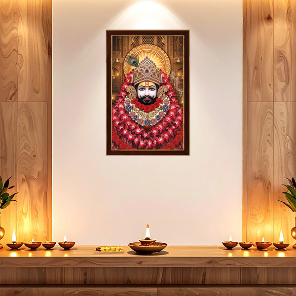 Khatu Shyam Ji Floral Blessings Photo Frame | Divine Baba Shyam Wall Decor for Home, Office & Temple | Sacred Spiritual Wooden Photo Frame