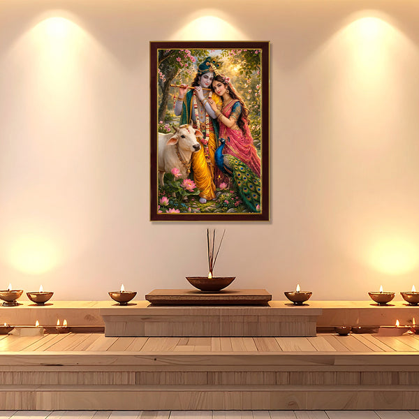 Radha Krishna Divine Love Photo Frame | Lord Krishna with Radha, Cow & Peacock Wall Decor for Home, Office & Temple | Spiritual Wooden Photo Frame for Peace, Harmony & Positive Energy