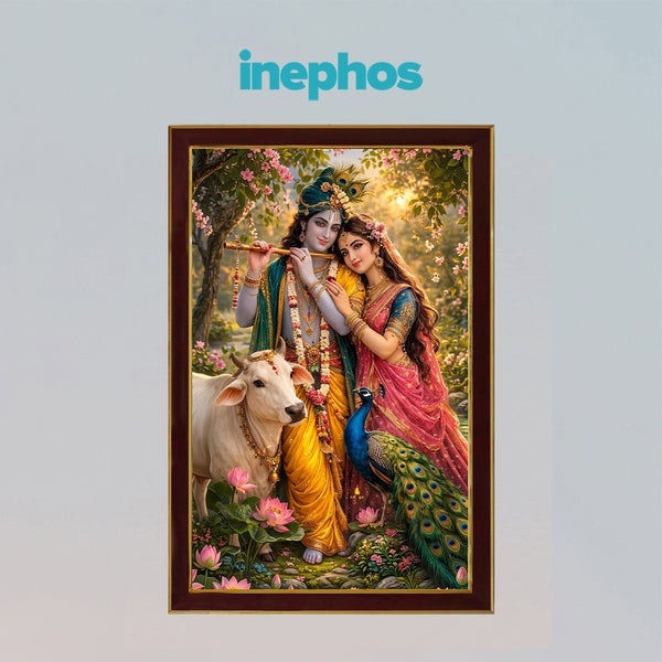 Radha Krishna Divine Love Photo Frame | Lord Krishna with Radha, Cow & Peacock Wall Decor for Home, Office & Temple | Spiritual Wooden Photo Frame for Peace, Harmony & Positive Energy
