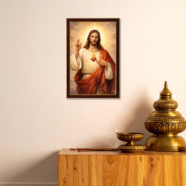 Sacred Heart of Jesus Christ Photo Frame | Divine Christian Wall Decor for Home, Office & Prayer Room | Spiritual Wooden Photo Frame for Faith, Protection, Peace & Blessings