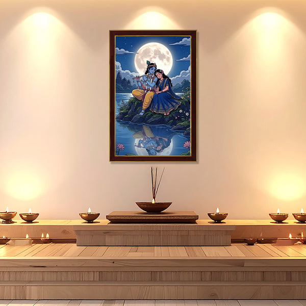 Radha Krishna Moonlight Love Photo Frame | Divine Krishna Playing Flute with Radha Wall Decor for Home, Bedroom & Temple