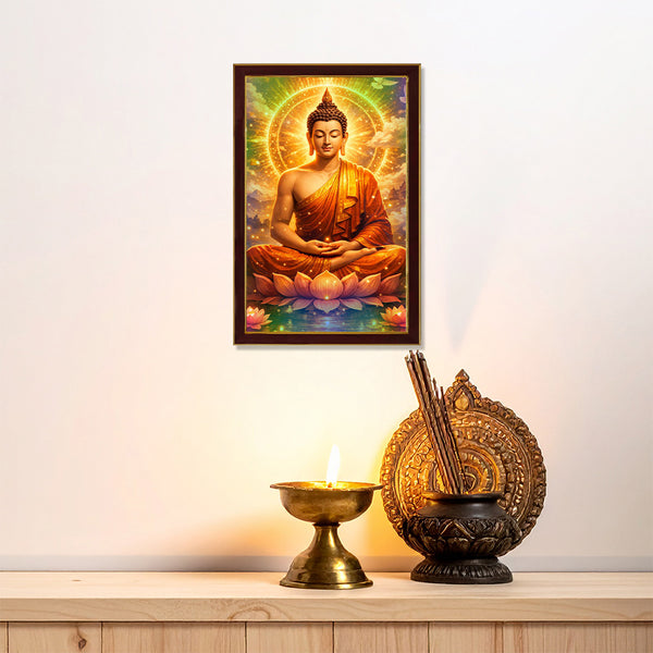 Radiant Buddha Photo Frame for Home Decor | Golden Meditation Buddha Wall Art with Lotus & Divine Aura Design | Spiritual Wooden Photo Frame