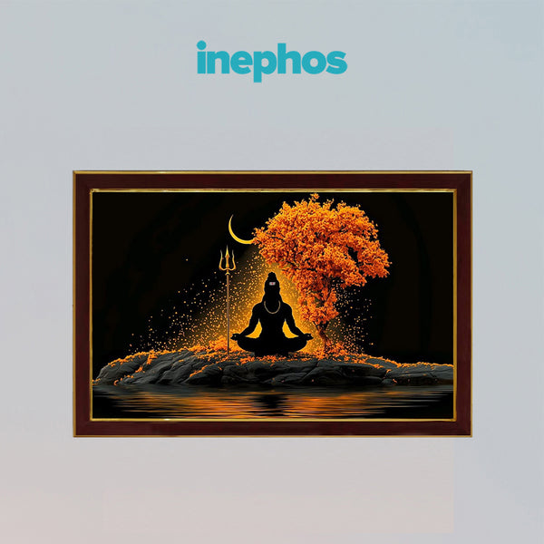 Meditating Lord Shiva Photo Frame for Home Decor | Divine Mahadev Meditation Wall Art with Trishul, Crescent Moon & Sacred Tree