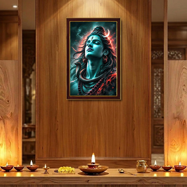 Lord Shiva Mahadev Photo Frame for Home Decor | Powerful Adiyogi Shiva Portrait Wall Art with Crescent Moon & Serpent