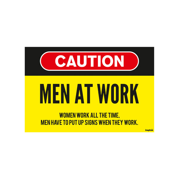 Caution Men at Work | Funny Wall Poster with Sarcastic Quote for Office, Garage, or Man Cave | Bold Yellow & Black Decor
