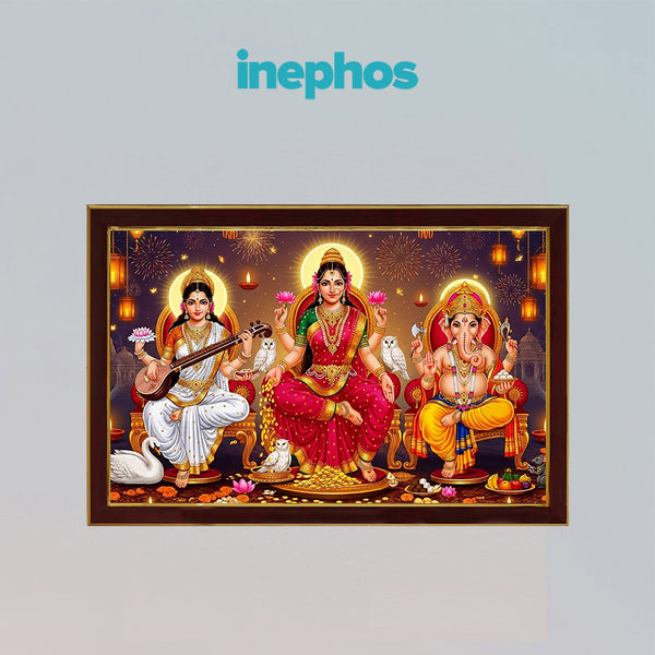 Lakshmi Saraswati Ganesh Photo Frame for Home Decor | Divine Tridevi and Lord Ganesha Religious Wall Art | Premium Wooden Framed