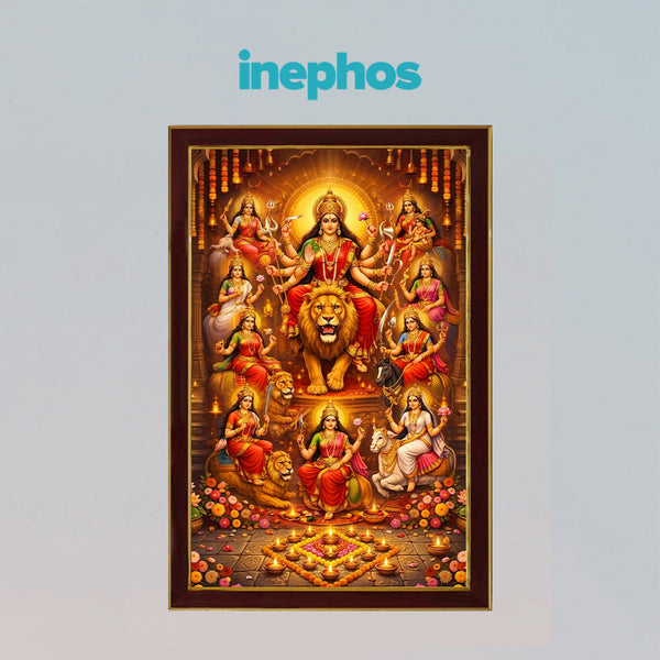 Navdurga Mata Photo Frame for Home Decor | Divine Nav Durga Devi Wall Art with Lion | Premium Wooden Framed