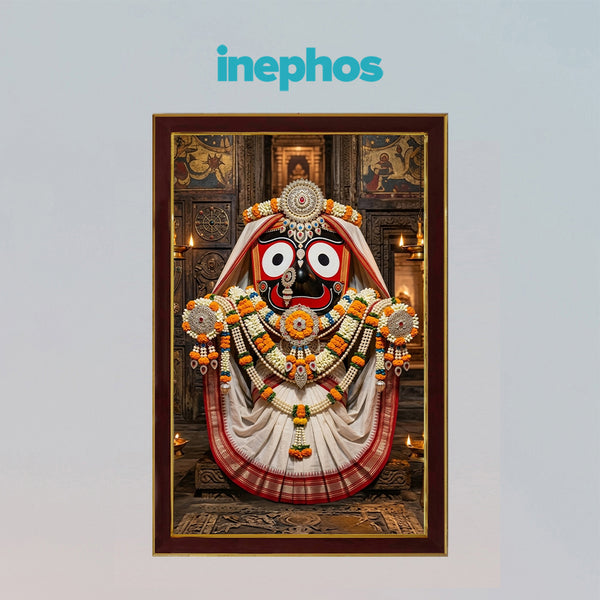 Lord Jagannath Photo Frame for Home Decor | Sacred Jagannath Swamy Temple Wall Art with Traditional Floral Adornments