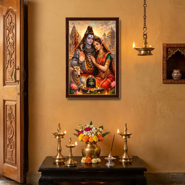 Divine Shiv Parvati Photo Frame with Shivling & Nandi | Lord Shiva and Goddess Parvati Spiritual Wall Art | Premium Wooden Framed