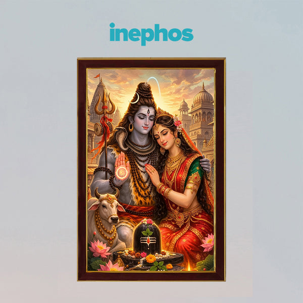 Divine Shiv Parvati Photo Frame with Shivling & Nandi | Lord Shiva and Goddess Parvati Spiritual Wall Art | Premium Wooden Framed