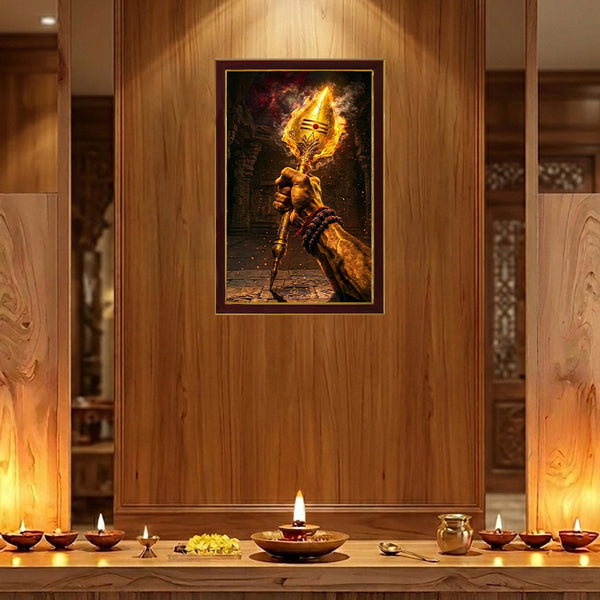Divine Trishul Agni Wall Art Photo Frame | Sacred Lord Shiva Trishul with Fiery Spiritual Energy | Mahadev Inspired Religious Wall Decor