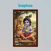 Little Krishna Makhan Chor Photo Frame for Wall Decoration | Bal Gopal Framed Wall Art with Cow | Religious Hindu Home Temple Decor