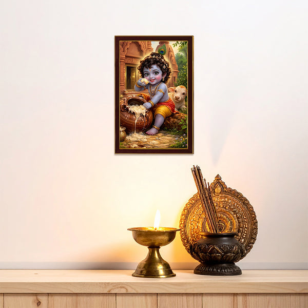 Little Krishna Makhan Chor Photo Frame for Wall Decoration | Bal Gopal Framed Wall Art with Butter Pot | Religious Hindu Home Temple Decor