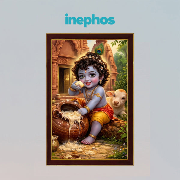 Little Krishna Makhan Chor Photo Frame for Wall Decoration | Bal Gopal Framed Wall Art with Butter Pot | Religious Hindu Home Temple Decor