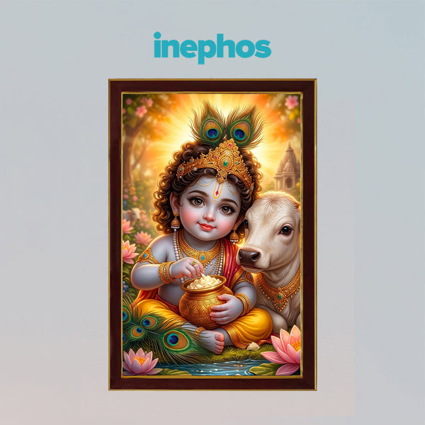Little Krishna Makhan Chor Photo Frame for Wall Decoration | Bal Gopal with Cow Framed Wall Art | Religious Hindu Home Temple Decor