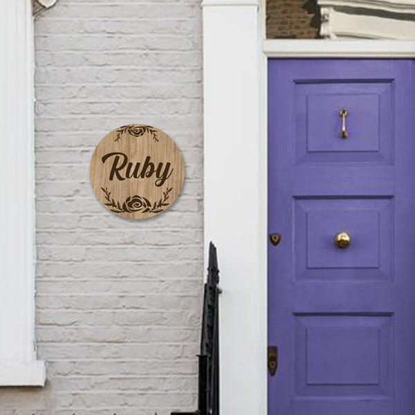 Rustic Floral Round Name Plate | Engraved Style Wall Decor For Home Entry Or Balcony