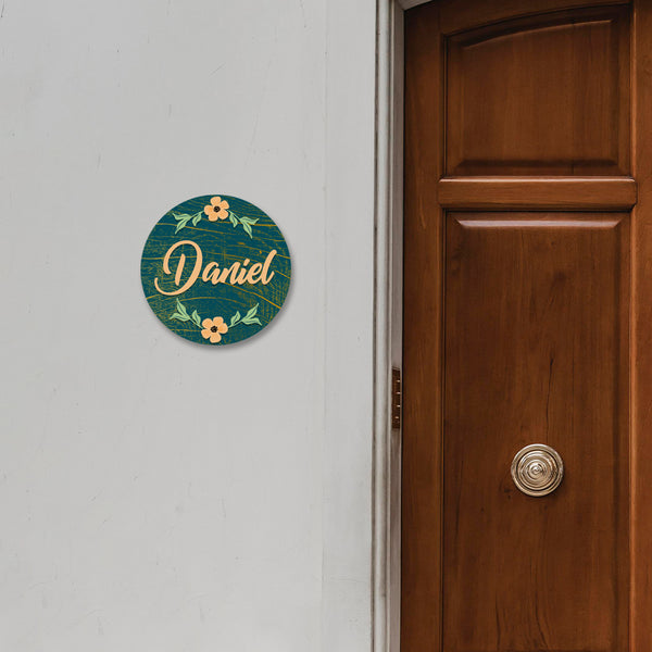 Teal Floral Wooden Round Name Plate | Customized Wall Decor For Modern Homes