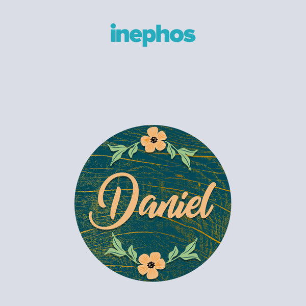 Teal Floral Wooden Round Name Plate | Customized Wall Decor For Modern Homes