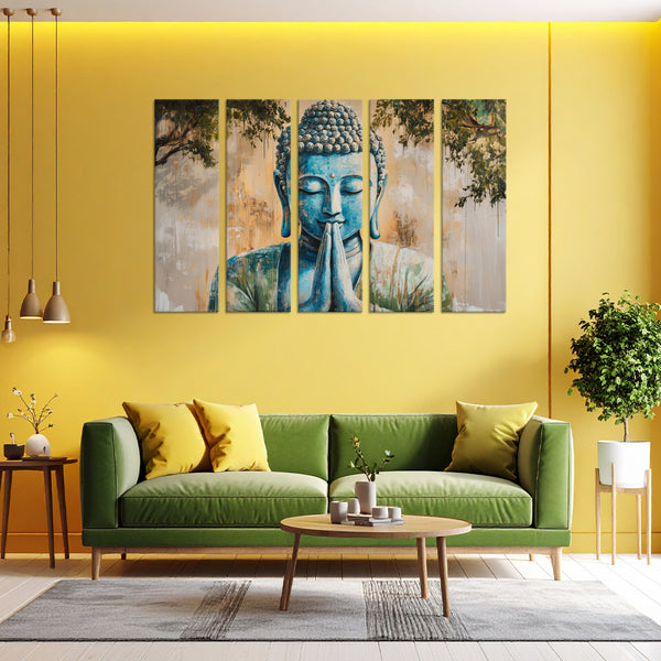 Golden Aura Buddha Multi Frame Vinyl Painting | Calm & Peaceful Wall Art For Home, Living Room, Meditation Space