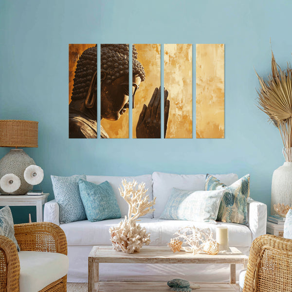 Side Profile Buddha Multi Frame Vinyl Wall Painting | Antique Gold Tone Spiritual Wall Art For Living Room & Meditation Area