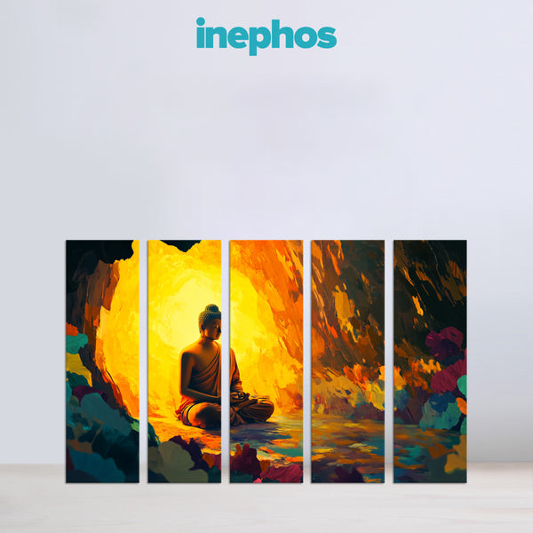 Glowing Cave Buddha Multi Frame Vinyl Painting | Vibrant Wall Art For Living Room, Office, Meditation Room | Enlightenment Theme