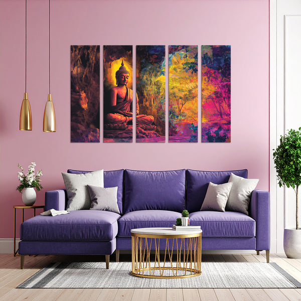 Color Splash Buddha Multi Frame Vinyl Painting | Bright And Spiritual Wall Art For Home, Meditation Area, Or Gift | Vibrant Buddha With Forest Glow