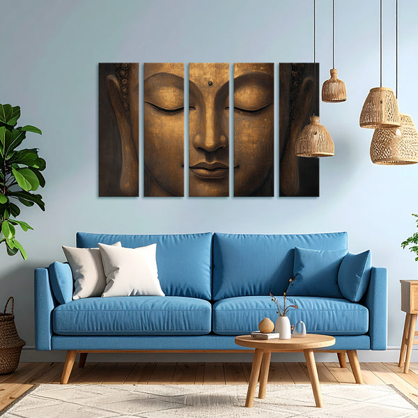 Modern living room with a blue sofa, wooden coffee table, and Buddha wall art.