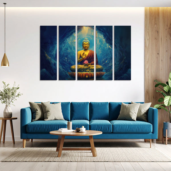 Buddha in Cave Multi Frame Vinyl Wall Painting | Peaceful Spiritual Art for Home & Meditation Room