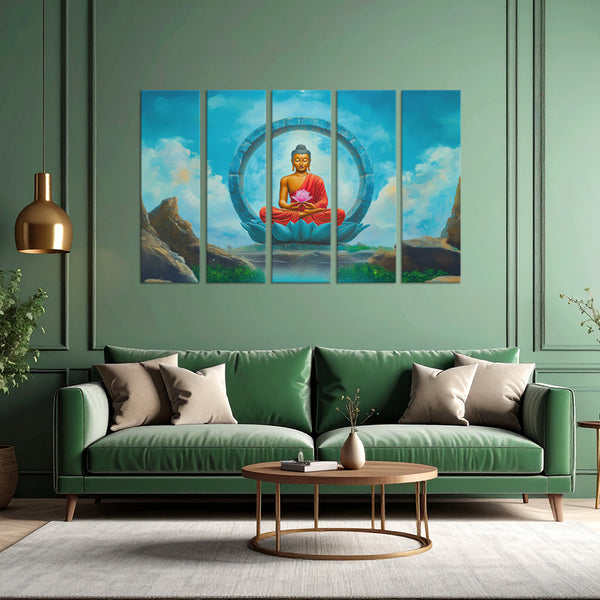 Buddha on Lotus Multi Frame Vinyl Wall Painting | Spiritual Vinyl Wall Art for Modern Home Decor