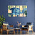 Living room with a blue Buddha artwork on a dark blue wall, two chairs, and a small table.