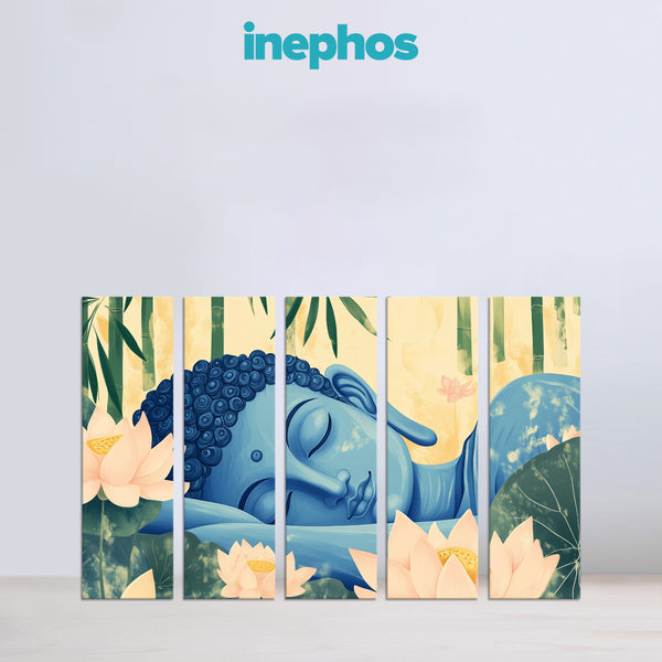 Artistic depiction of a blue Buddha figure with lotus flowers and bamboo on a light gray background, featuring the brand 'inephos'.