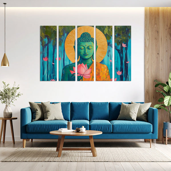 Green Buddha With Lotus Multi Frame Vinyl Wall Painting | Spiritual Wall Art For Meditation Room, Yoga Space, Living Room
