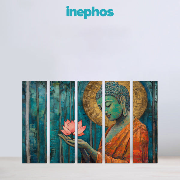 Golden Halo Buddha Holding Lotus Multi Frame Vinyl Wall Painting | Peaceful Spiritual Wall Art For Home, Hallway, Or Yoga Studio