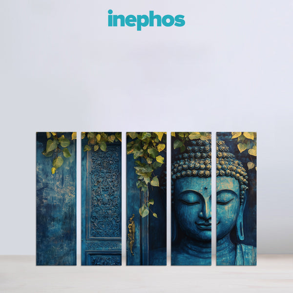Blue Buddha Beside Ornate Door Multi Frame Vinyl Wall Painting | Unique Spiritual Décor For Entryway, Hall, Or Meditation Room