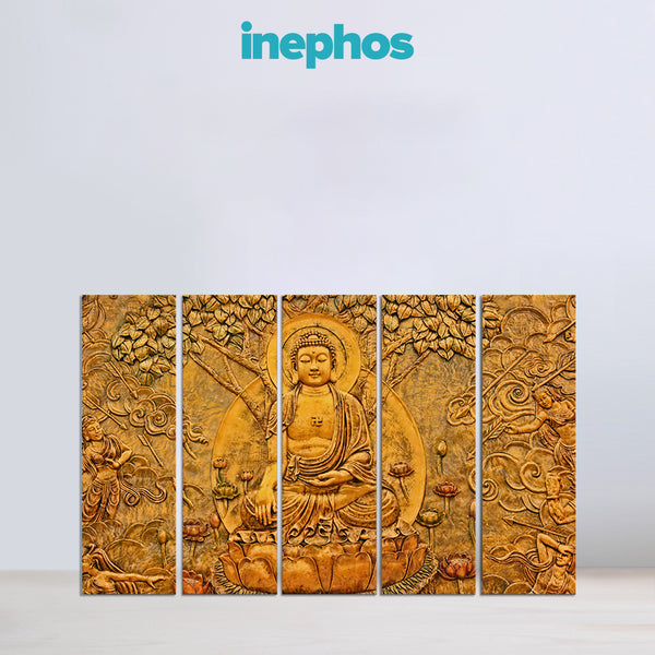 Golden Buddha Sculpture Inspired Multi Frame Vinyl Painting | Serene Wall Decor for Home & Office