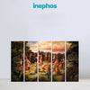 Five-panel painting of people dancing in a natural setting with 'inephos' branding above.