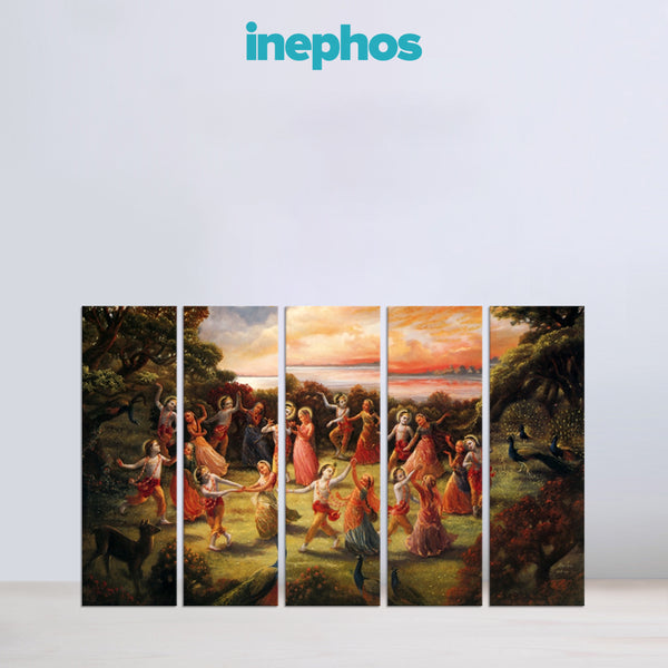 Five-panel painting of people dancing in a natural setting with 'inephos' branding above.