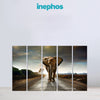 Five-panel wall art of an elephant walking on a path with 'inephos' branding.
