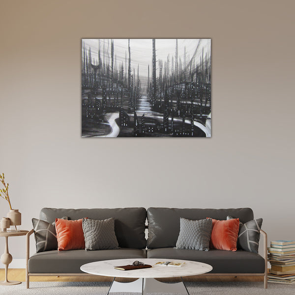 Black & White Futuristic Cityscape Canvas Painting – Modern Abstract Wall Art for Home & Office Décor